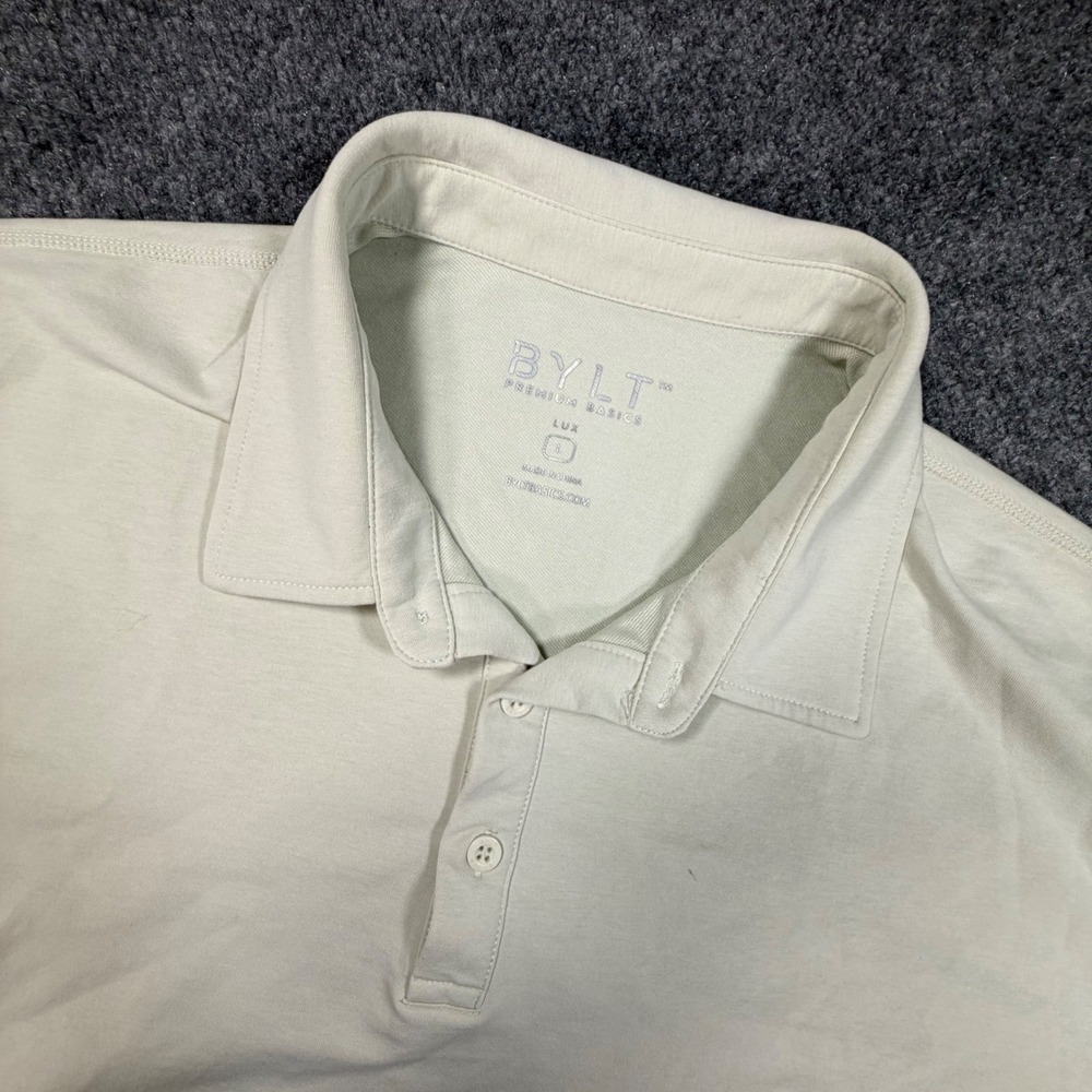 BYLT Premium Basics Lux Polo Shirt Mens Large Tan Short Sleeve Curved Hem 1019